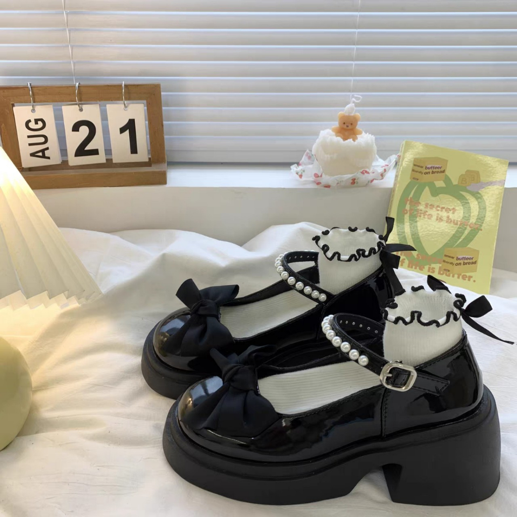 Giày Lolita Nữ Mary Quai Ngọc Hột Soàn Cài Thời Trang Phối Nơ Màu Đen/Kem Hot Mới Học Sinh Đi Chơi Xinh Đẹp