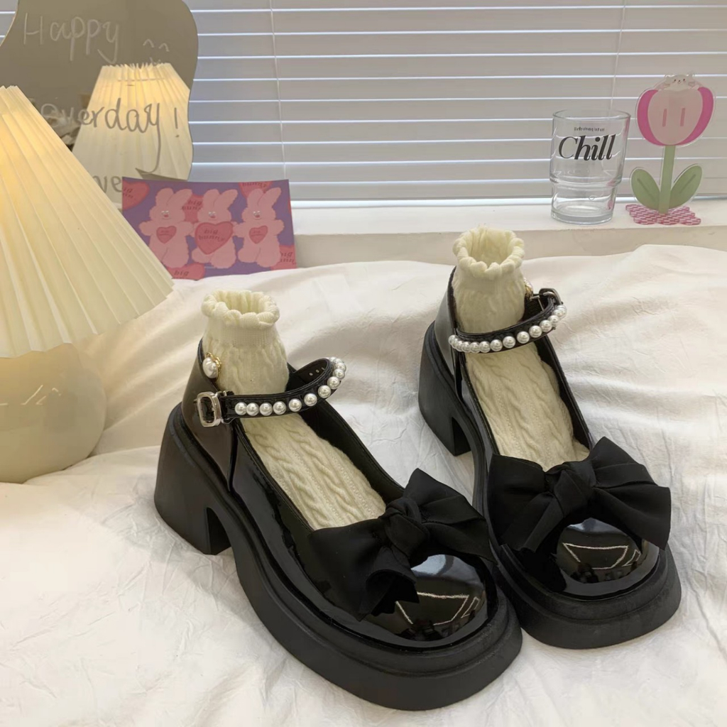 Giày Lolita Nữ Mary Quai Ngọc Hột Soàn Cài Thời Trang Phối Nơ Màu Đen/Kem Hot Mới Học Sinh Đi Chơi Xinh Đẹp