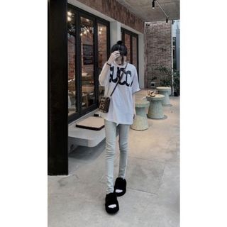 Quần jeans ôm trơn co giãn lưng cao màu xanh Hottrend