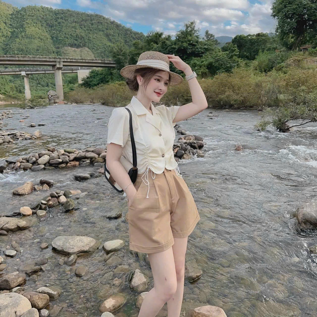 Sét bộ đùi thời trang nữ mặc đi chơi chất cotton lạnh áo sơ mi rút dây gài nút mix quần shorrt đùi dễ thương