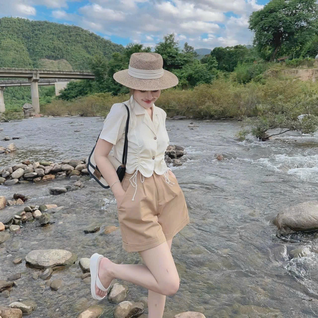 Sét bộ đùi thời trang nữ mặc đi chơi chất cotton lạnh áo sơ mi rút dây gài nút mix quần shorrt đùi dễ thương