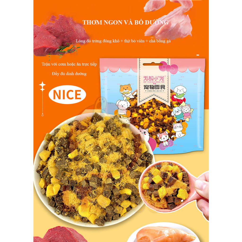 CHÀ BÔNG  mix LÒNG ĐỎ TRỨNG VÀ THỊT BÒ VIÊN CHO CHÓ KÉN ĂN BỔ SUNG DINH DƯỠNG GÓI