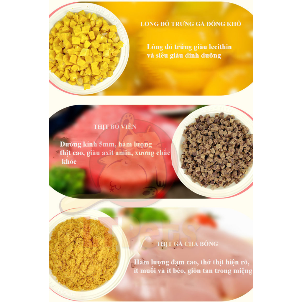 CHÀ BÔNG  mix LÒNG ĐỎ TRỨNG VÀ THỊT BÒ VIÊN CHO CHÓ KÉN ĂN BỔ SUNG DINH DƯỠNG GÓI