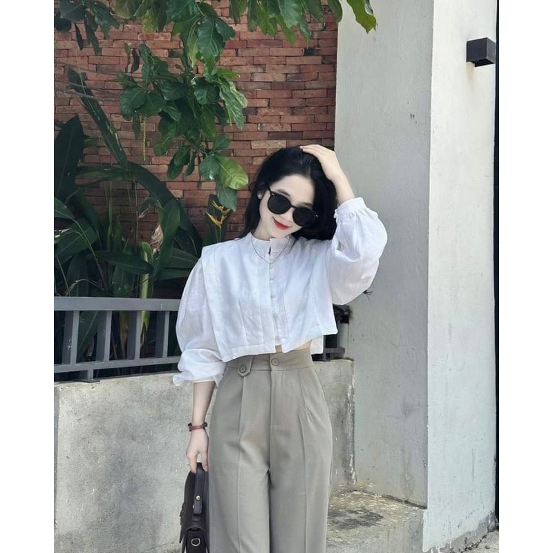 Set Áo Sơmi Croptop Dài Tay Kèm Quần Suông Cá Tính Siêu Đẹp Có Video Ảnh Thật