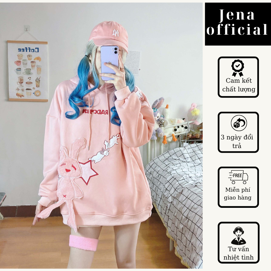 Áo hoodie thỏ form rộng mũ 2 lớp chất nỉ lông cao cấp
