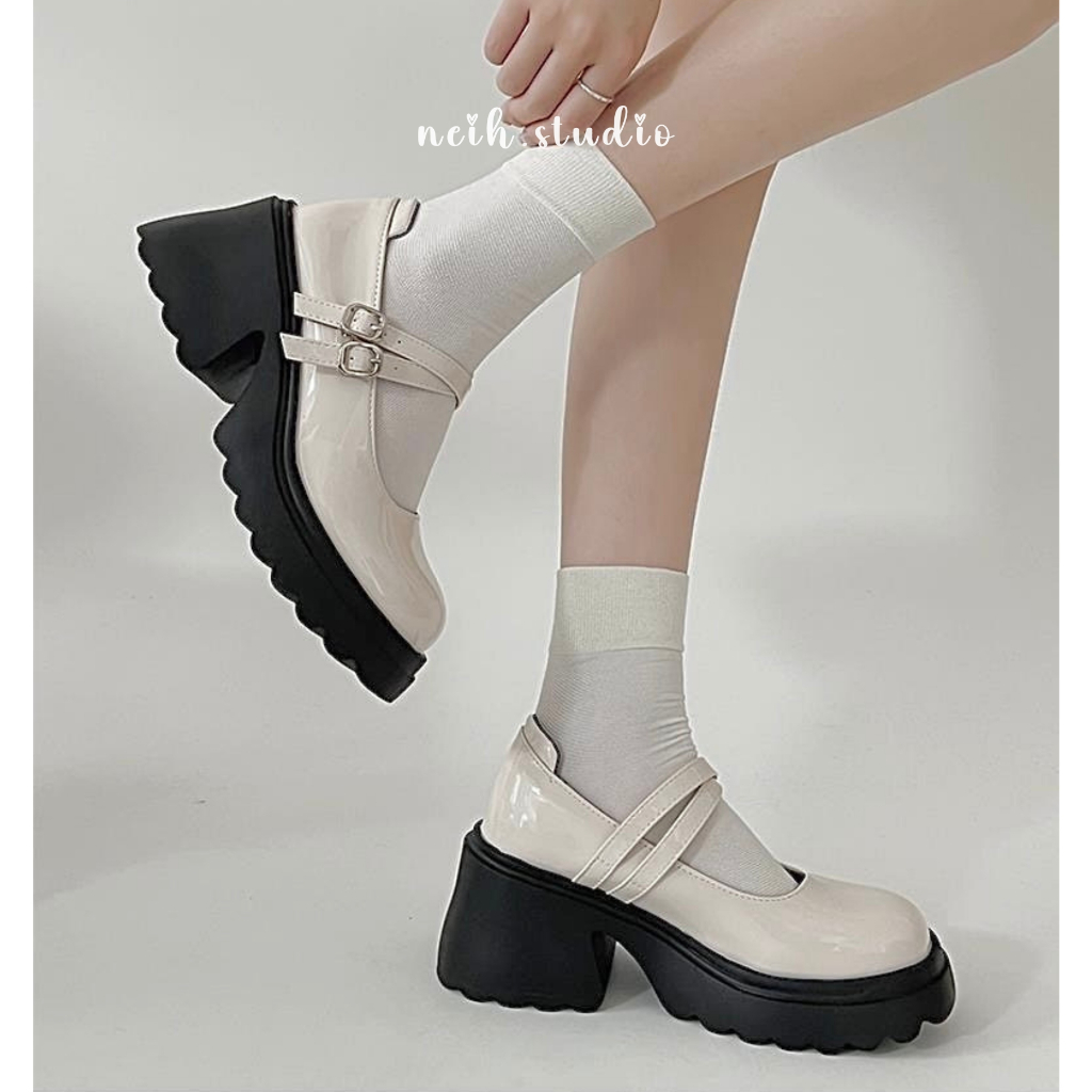 Giày Mary Jane nữ đế đám mây răng cưa phối 2 quai da bóng neih.studio