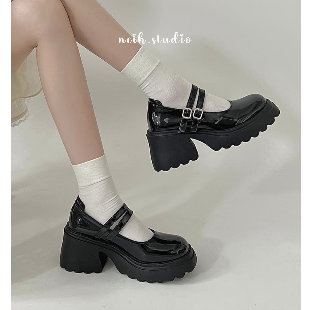 Giày Mary Jane nữ đế đám mây răng cưa phối 2 quai da bóng neih.studio