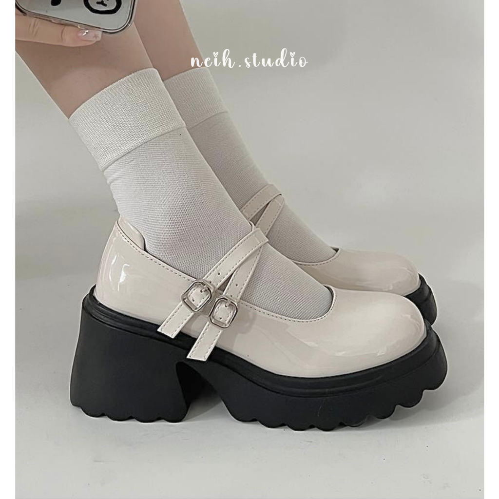 Giày Mary Jane nữ đế đám mây răng cưa phối 2 quai da bóng neih.studio