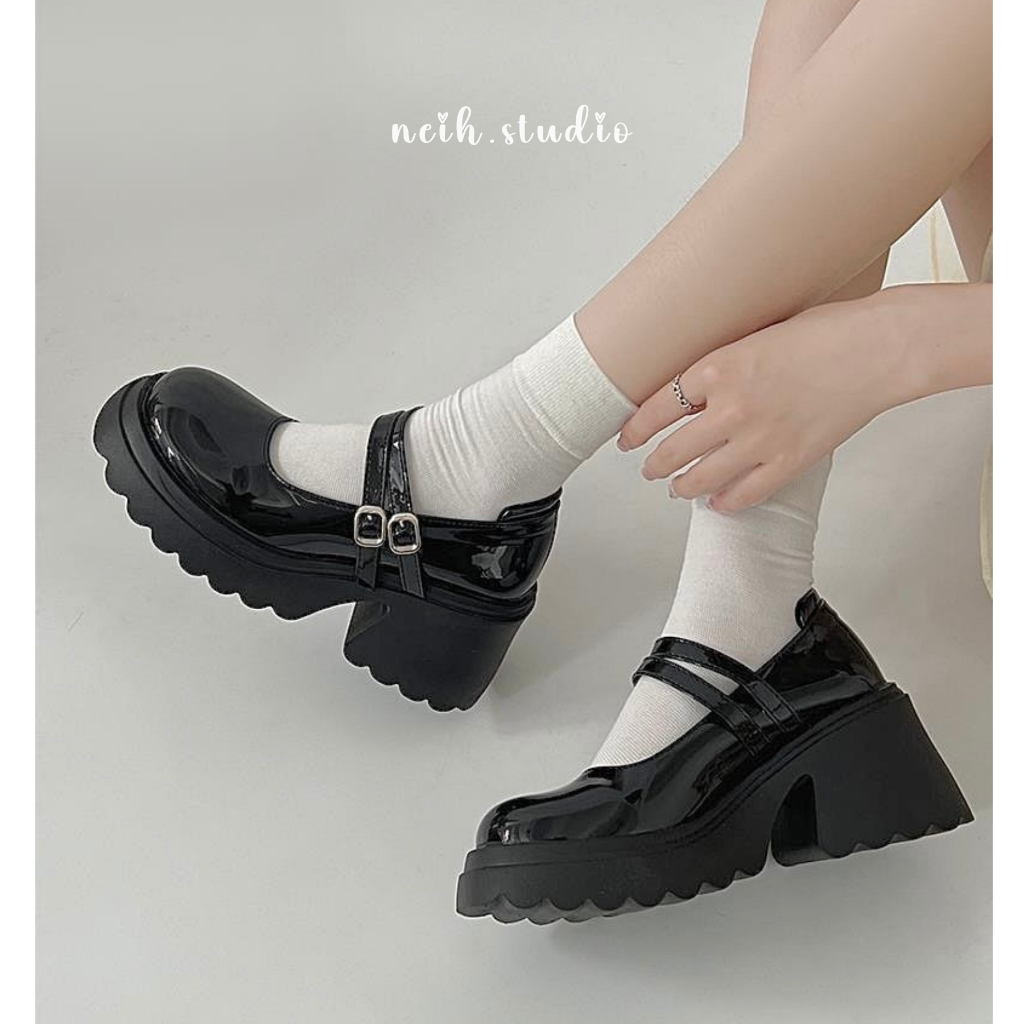 Giày Mary Jane nữ đế đám mây răng cưa phối 2 quai da bóng neih.studio