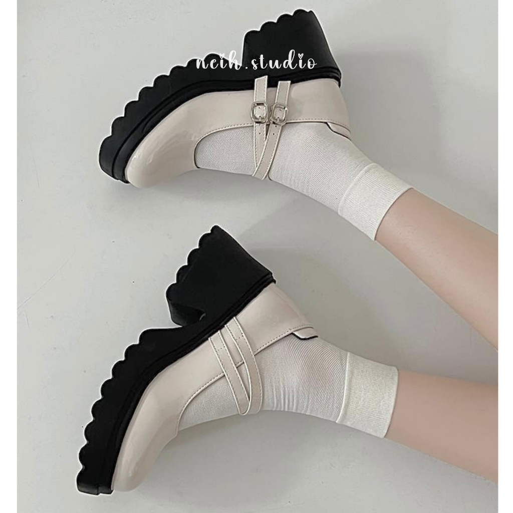 Giày Mary Jane nữ đế đám mây răng cưa phối 2 quai da bóng neih.studio