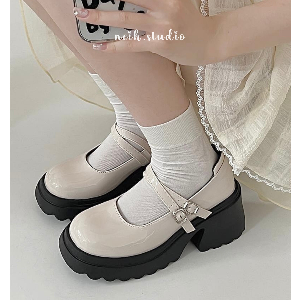 Giày Mary Jane nữ đế đám mây răng cưa phối 2 quai da bóng neih.studio
