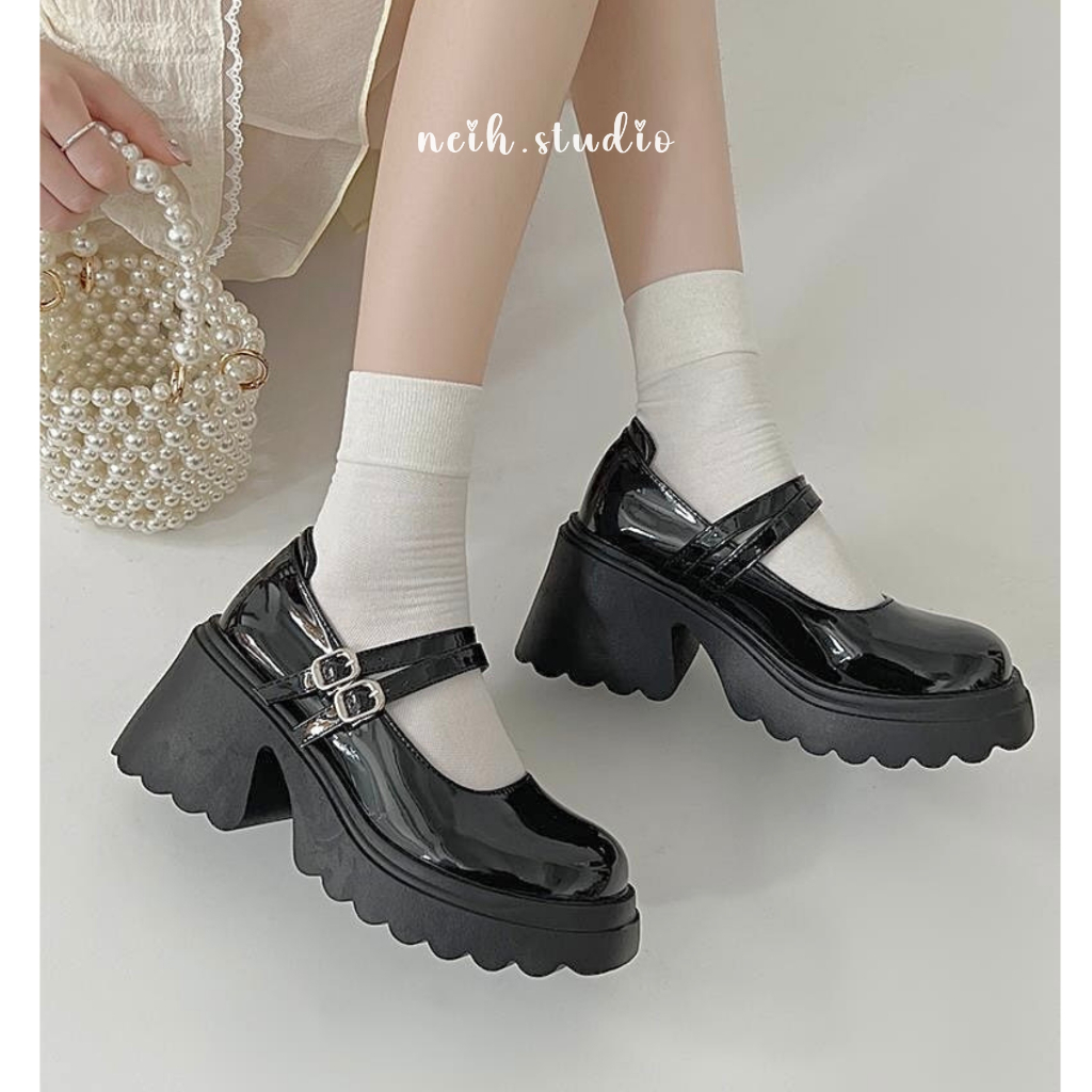 Giày Mary Jane nữ đế đám mây răng cưa phối 2 quai da bóng neih.studio