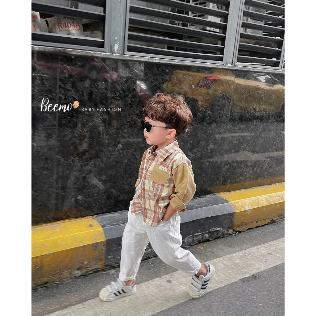 Áo sơ mi kẻ caro tay phối dài tay Beemo chất liệu thô mềm cho bé