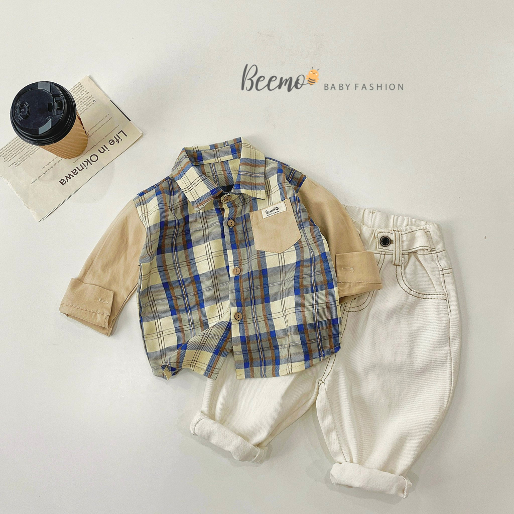 Áo sơ mi kẻ caro tay phối dài tay Beemo chất liệu thô mềm cho bé