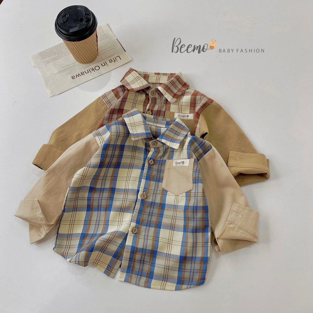 Áo sơ mi kẻ caro tay phối dài tay Beemo chất liệu thô mềm cho bé