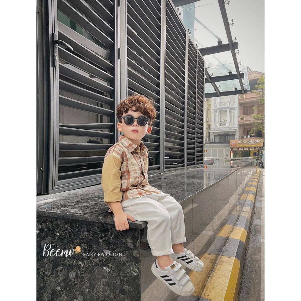 Áo sơ mi kẻ caro tay phối dài tay Beemo chất liệu thô mềm cho bé