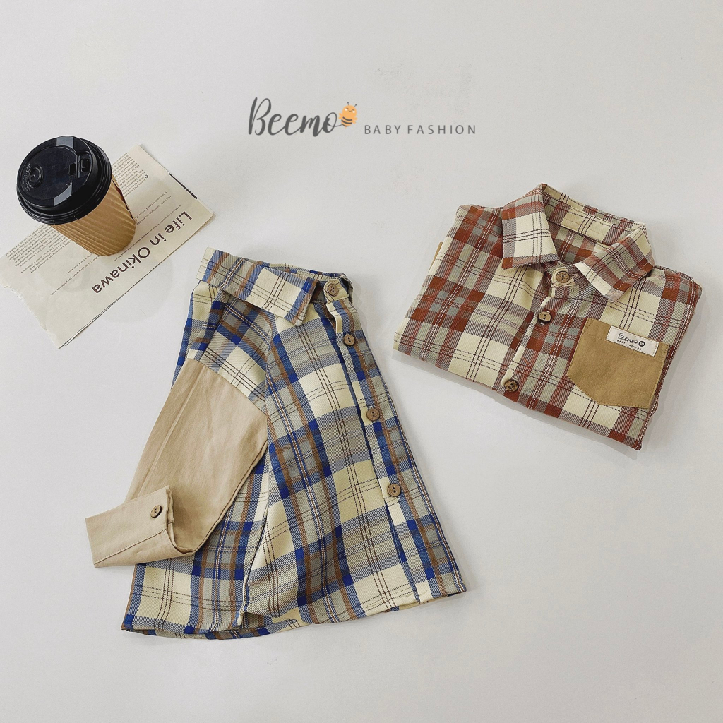 Áo sơ mi kẻ caro tay phối dài tay Beemo chất liệu thô mềm cho bé