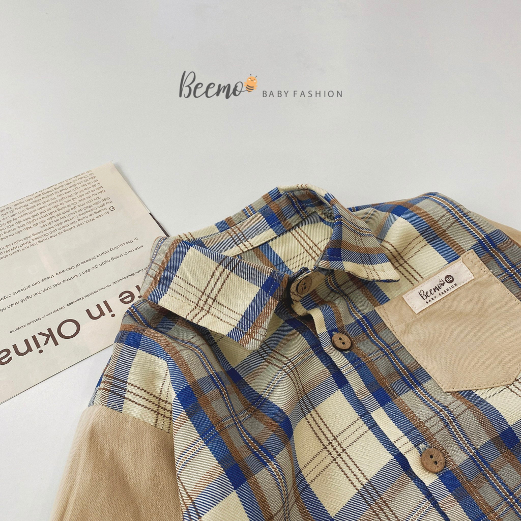 Áo sơ mi kẻ caro tay phối dài tay Beemo chất liệu thô mềm cho bé