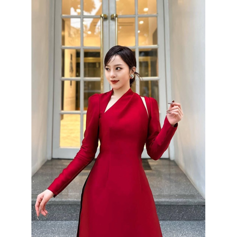 Áo dài cách tân cổ xéo 2 tà màu đỏ đô tươi