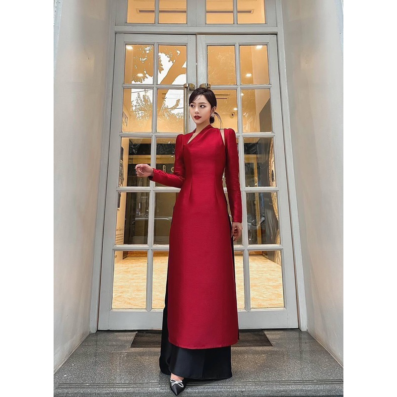 Áo dài cách tân cổ xéo 2 tà màu đỏ đô tươi