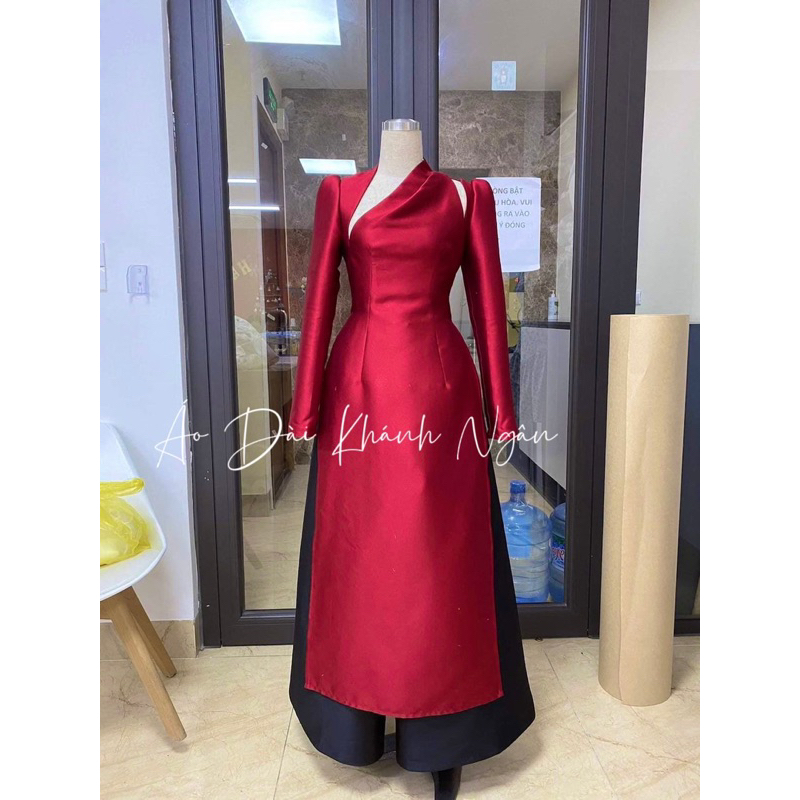 Áo dài cách tân cổ xéo 2 tà màu đỏ đô tươi