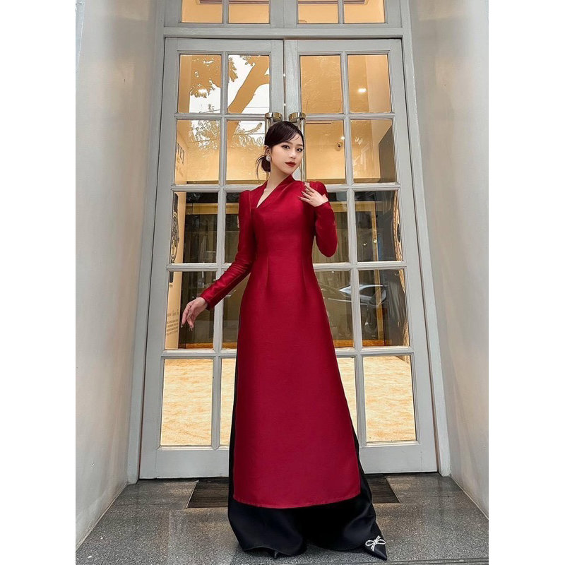 Áo dài cách tân cổ xéo 2 tà màu đỏ đô tươi