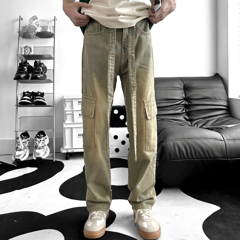 Quần jean ống suông unisex,thiết kế kèm dây màu wash ms 033