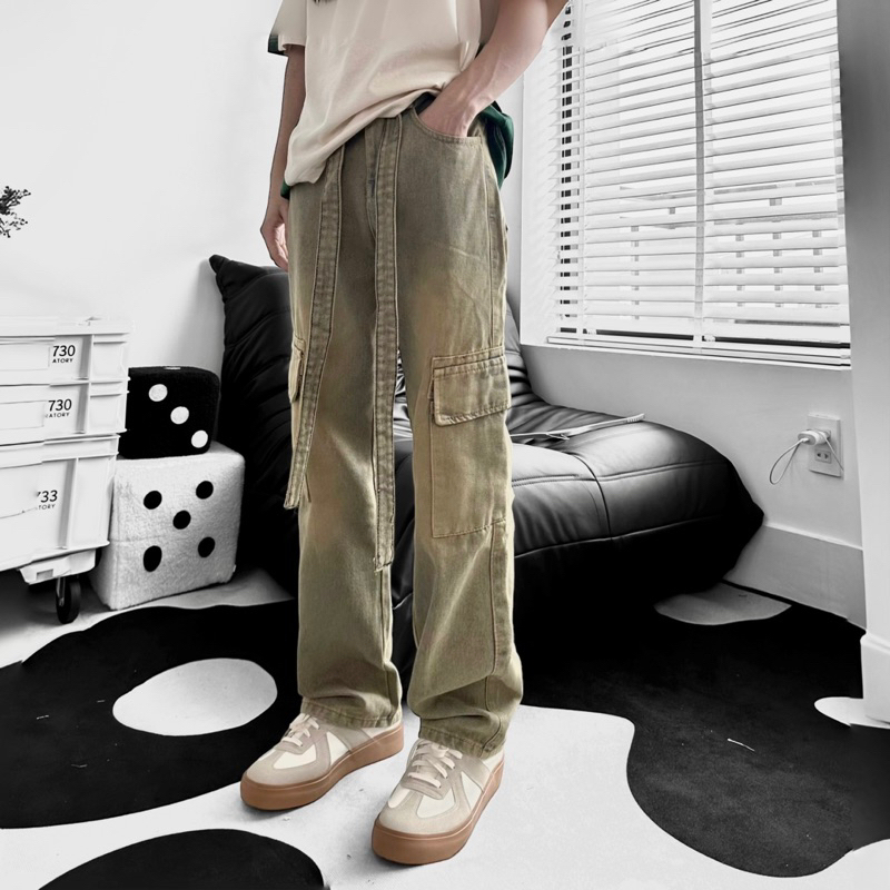 Quần jean ống suông unisex,thiết kế kèm dây màu wash ms 033