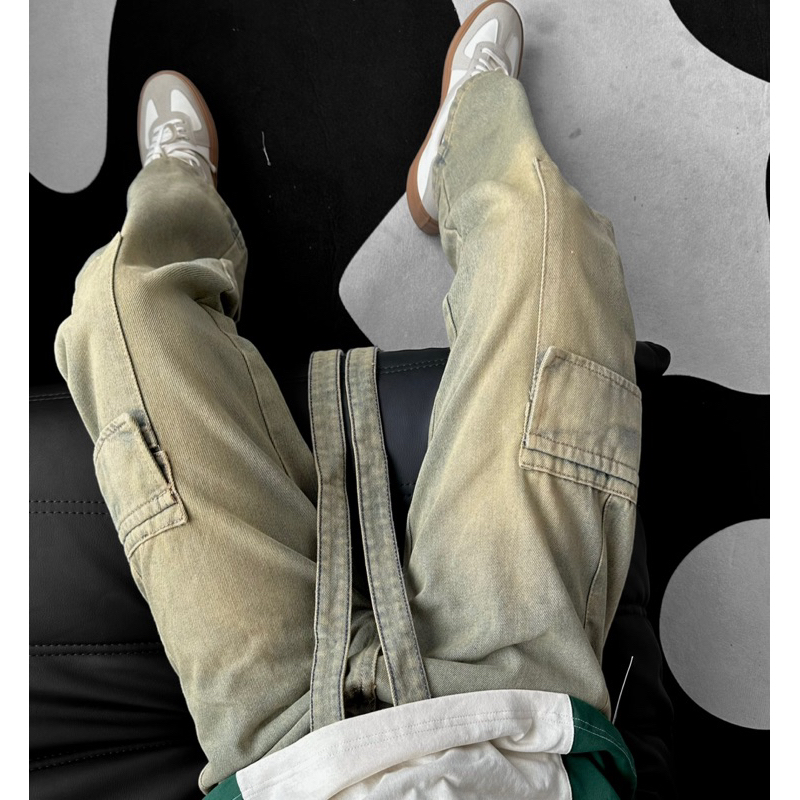 Quần jean ống suông unisex,thiết kế kèm dây màu wash ms 033