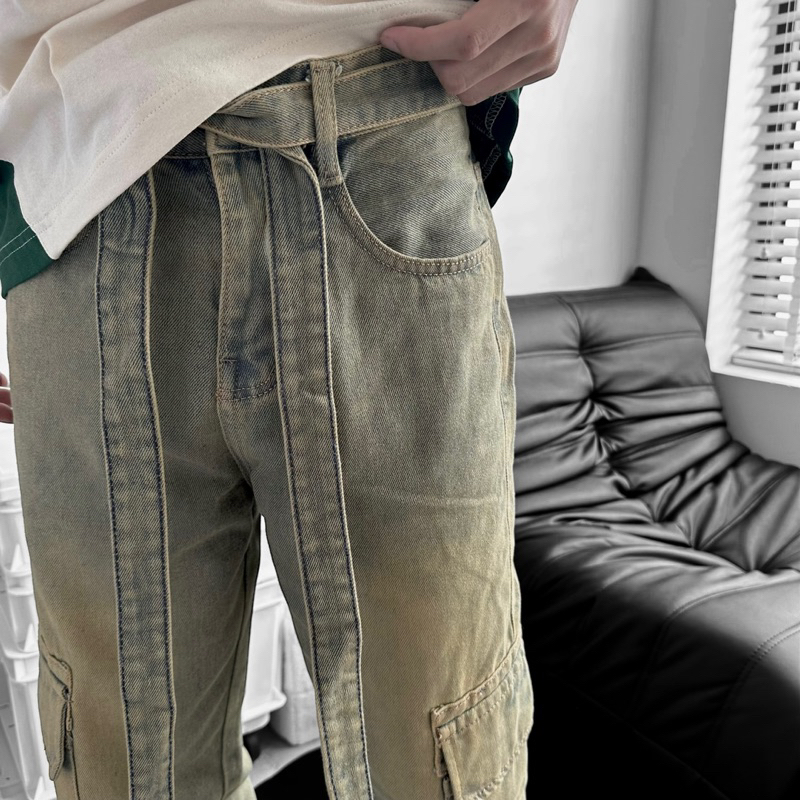 Quần jean ống suông unisex,thiết kế kèm dây màu wash ms 033