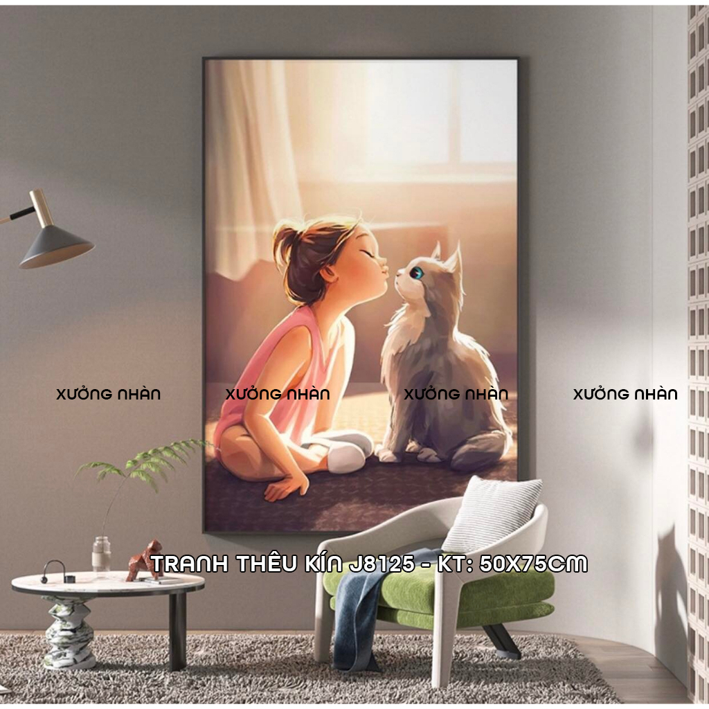 Tranh thêu cô gái và mèo -  mã A484 - size 50x60cm 50x75cm tranh chưa thêu FJ0809 J8125