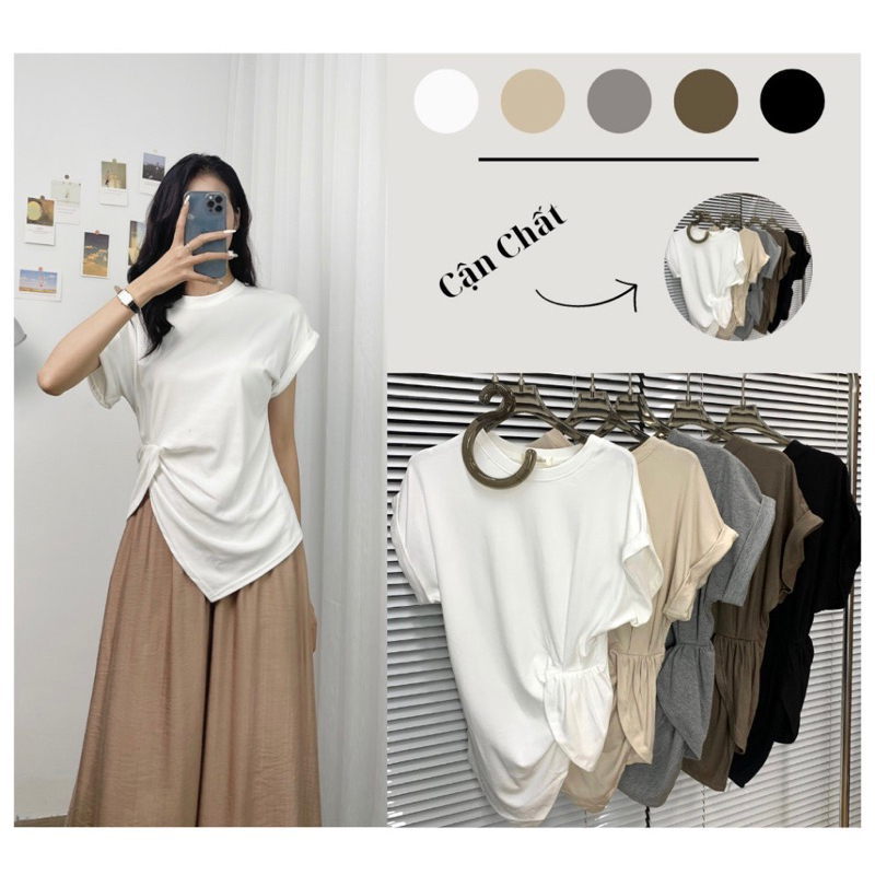 Áo thun tay ngắn xẻ tà kiểu cách desire tinh khiết mùa hè dáng ôm xếp ly bất đối xứng