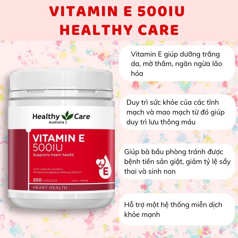 Vitamin E HÀNG ÚC Healthy Care 500IU hộp 200 viên- viên uống đẹp da, hỗ trợ sức khỏe tim mạch...