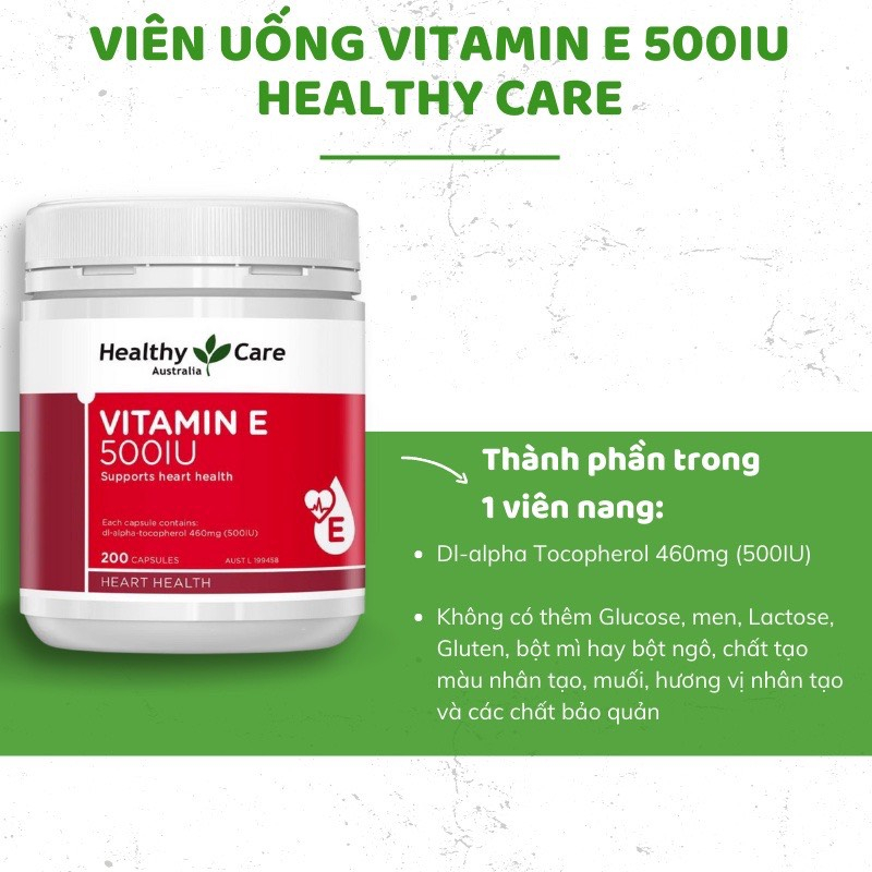 Vitamin E HÀNG ÚC Healthy Care 500IU hộp 200 viên- viên uống đẹp da, hỗ trợ sức khỏe tim mạch...