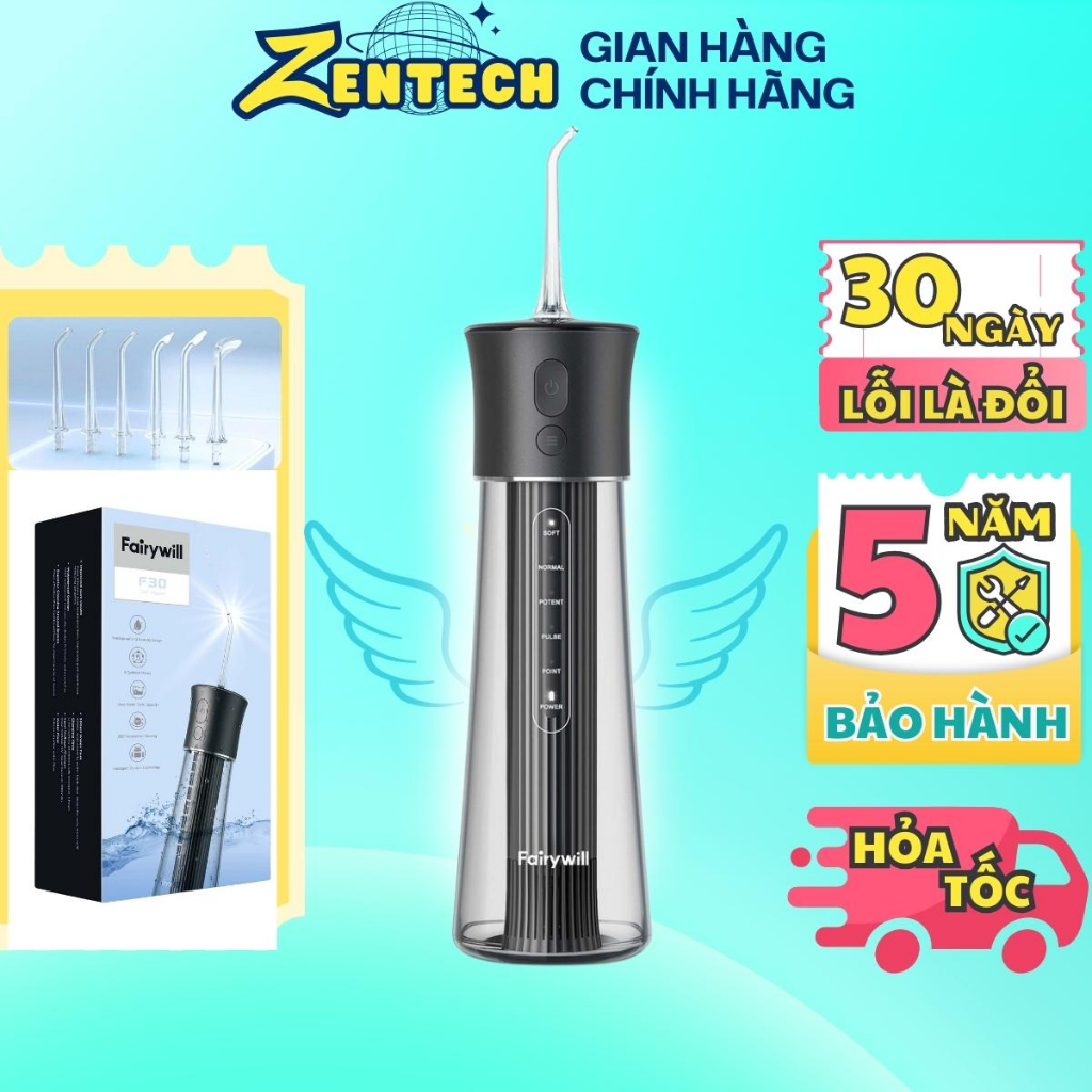 Máy tăm nước Fairywill Đức lõi lọc Nano làm sạch 99% mảng bám thức ăn tăm nước cầm tay gia đình du lịch BH 5 năm