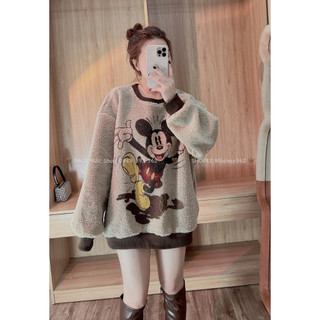Áo lông nữ mickey dài tay phối viền cổ thêu hình mickey nhảy áo nữ dáng dài freesize s793