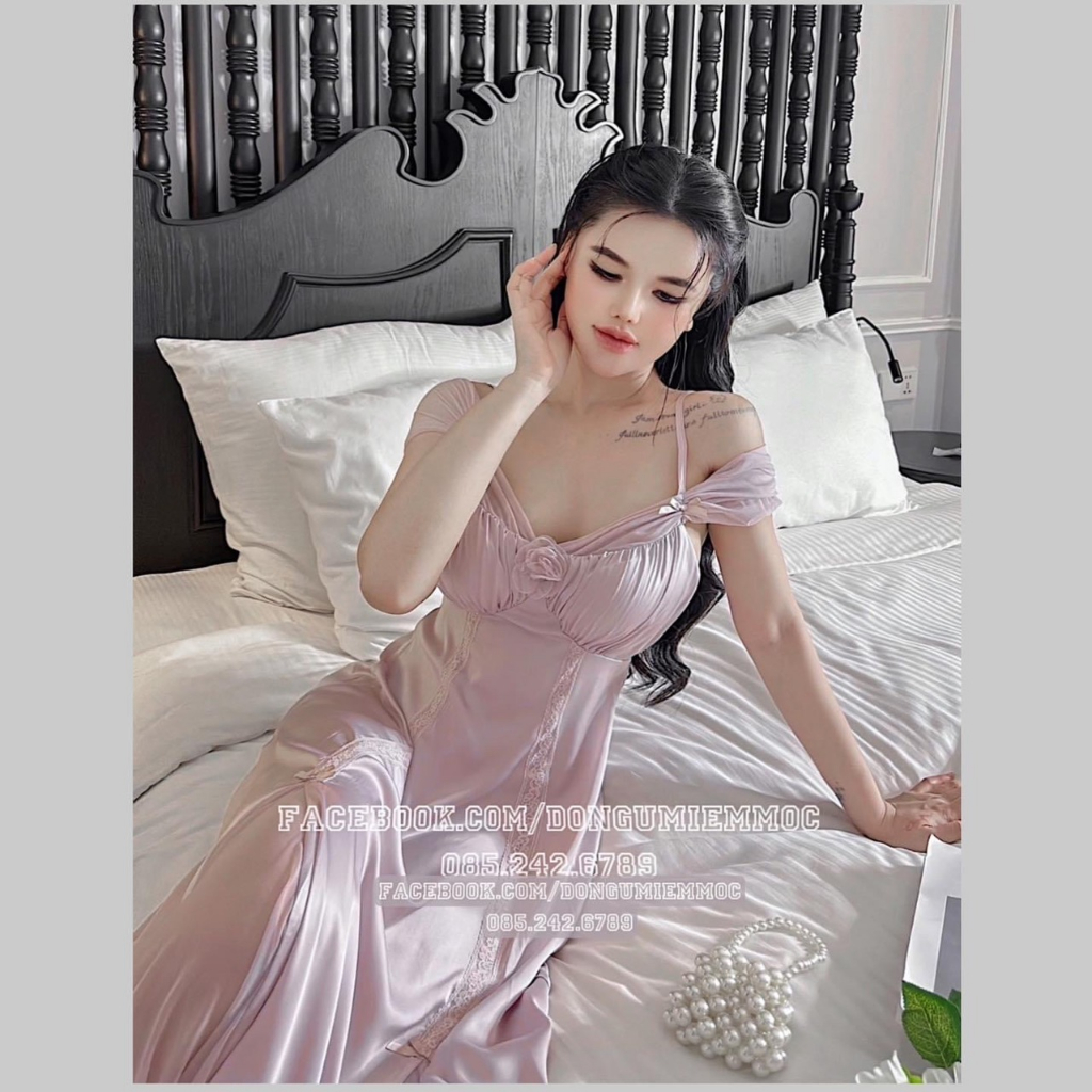 Váy ngủ lụa trễ vai hottrend hoa hồng Sx 306 MIEMMOC chuẩn hàng QCCC - hàng có sẵn ( video+ảnh thật)