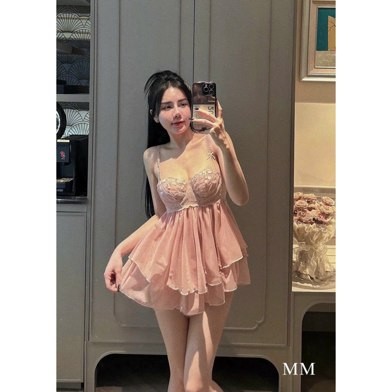 SP.695 Váy ngủ hai dây von ren có gọng và đệm kèm áo choàng hàng Quảng châu cao cấp