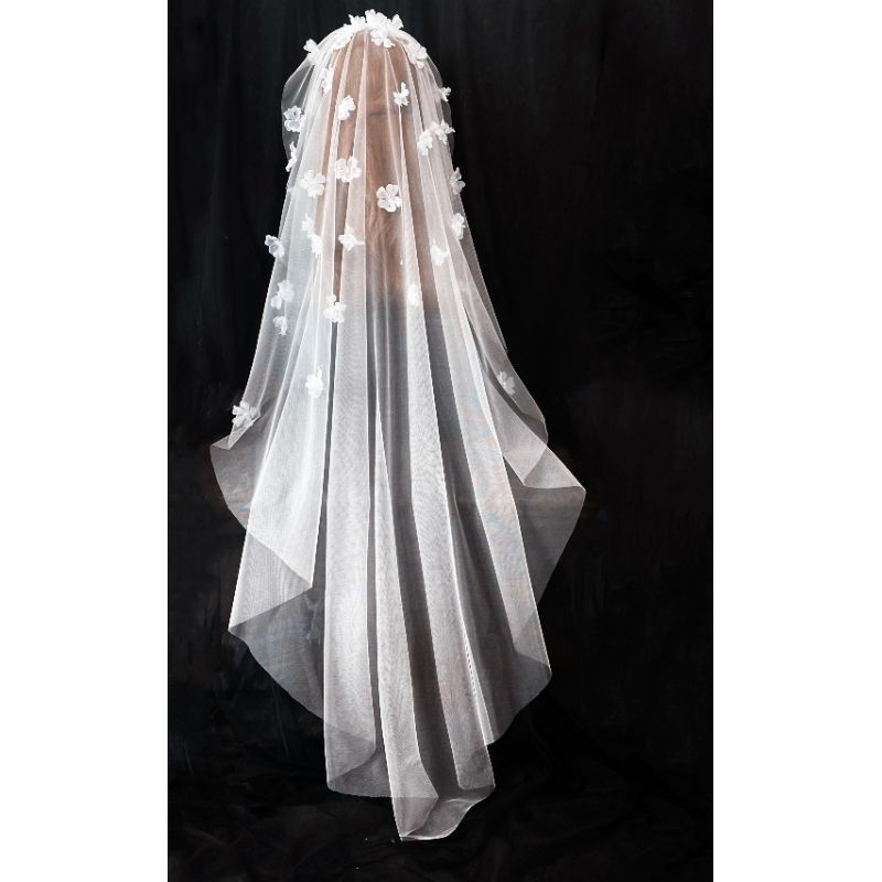 Voan Trùm Tóc Cô Dâu Phối Hoa  Dài 150 Cm Có Kèm Lượt Cài