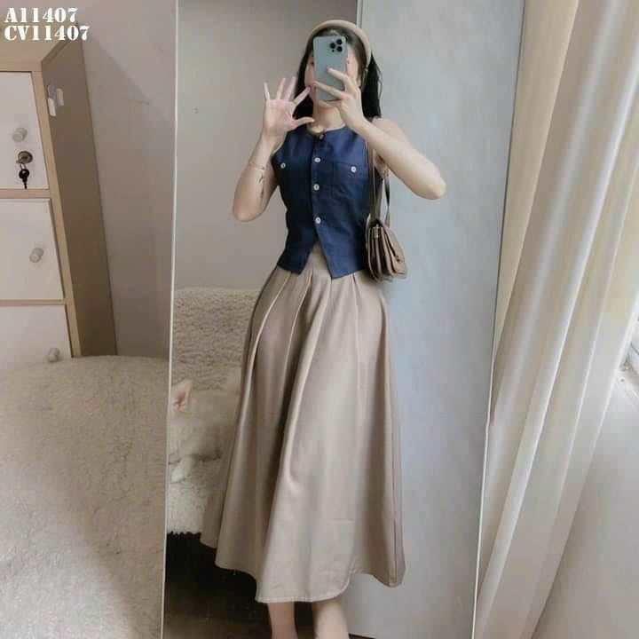 Set đầm váy nữ áo cộc tay cổ viền, gài nút mix chân váy xòe dài xinh xắn dành cho các nàng diện đi chơi,hẹn hò nhe nhang