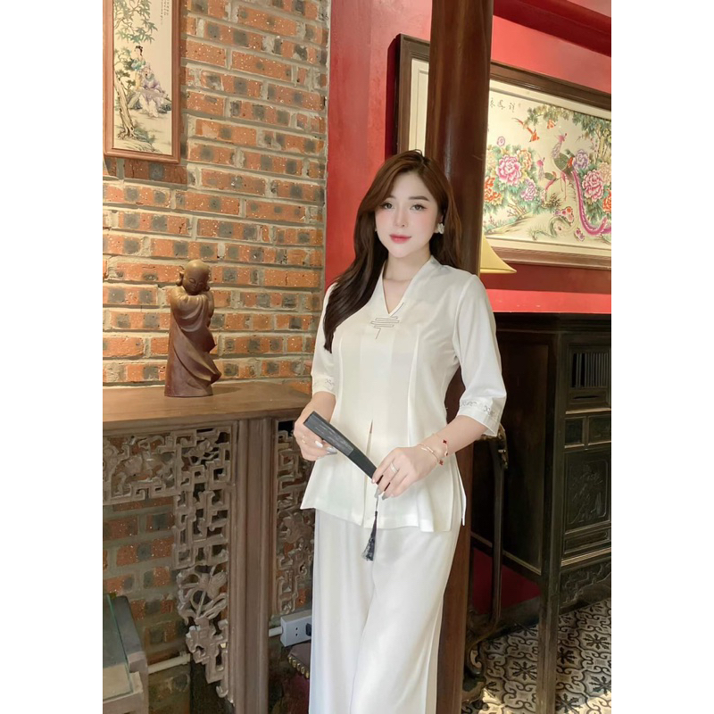S045 - Set pháp phục đi lễ ,đi chùa lụa trượt nhật thêu cao cấp