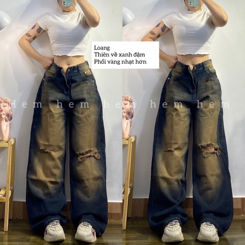 Quần jean loang nam nữ ống suông hình thật