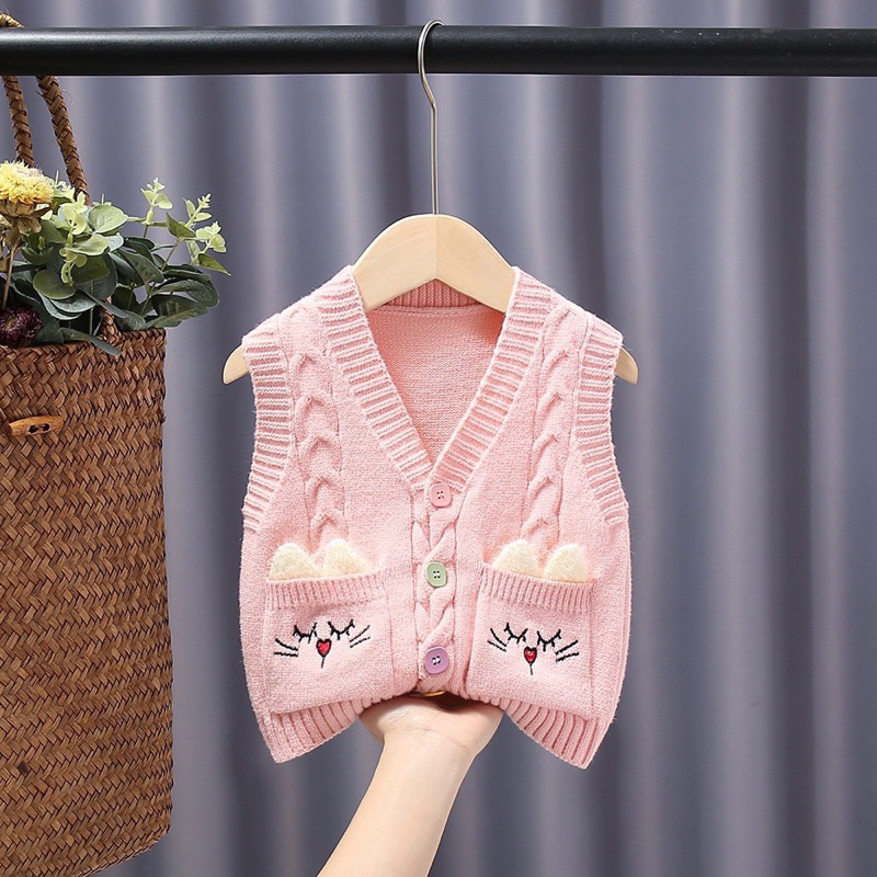 Áo gile len thu đông họa tiết túi mèo xinh màu hồng, màu kem cho bé gái từ 8 - 18Kg