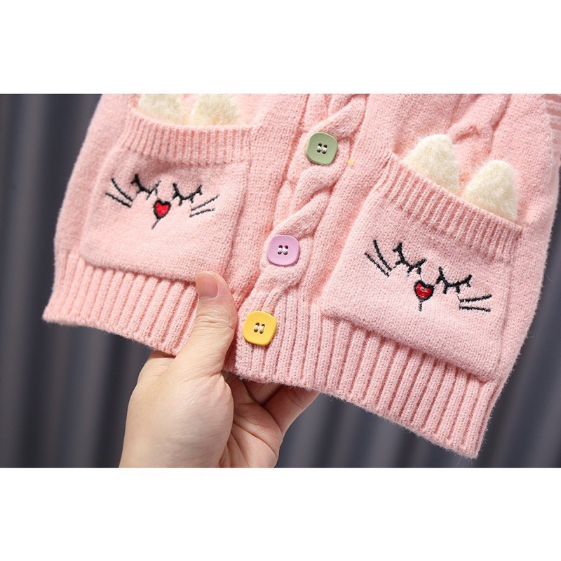 Áo gile len thu đông họa tiết túi mèo xinh màu hồng, màu kem cho bé gái từ 8 - 18Kg