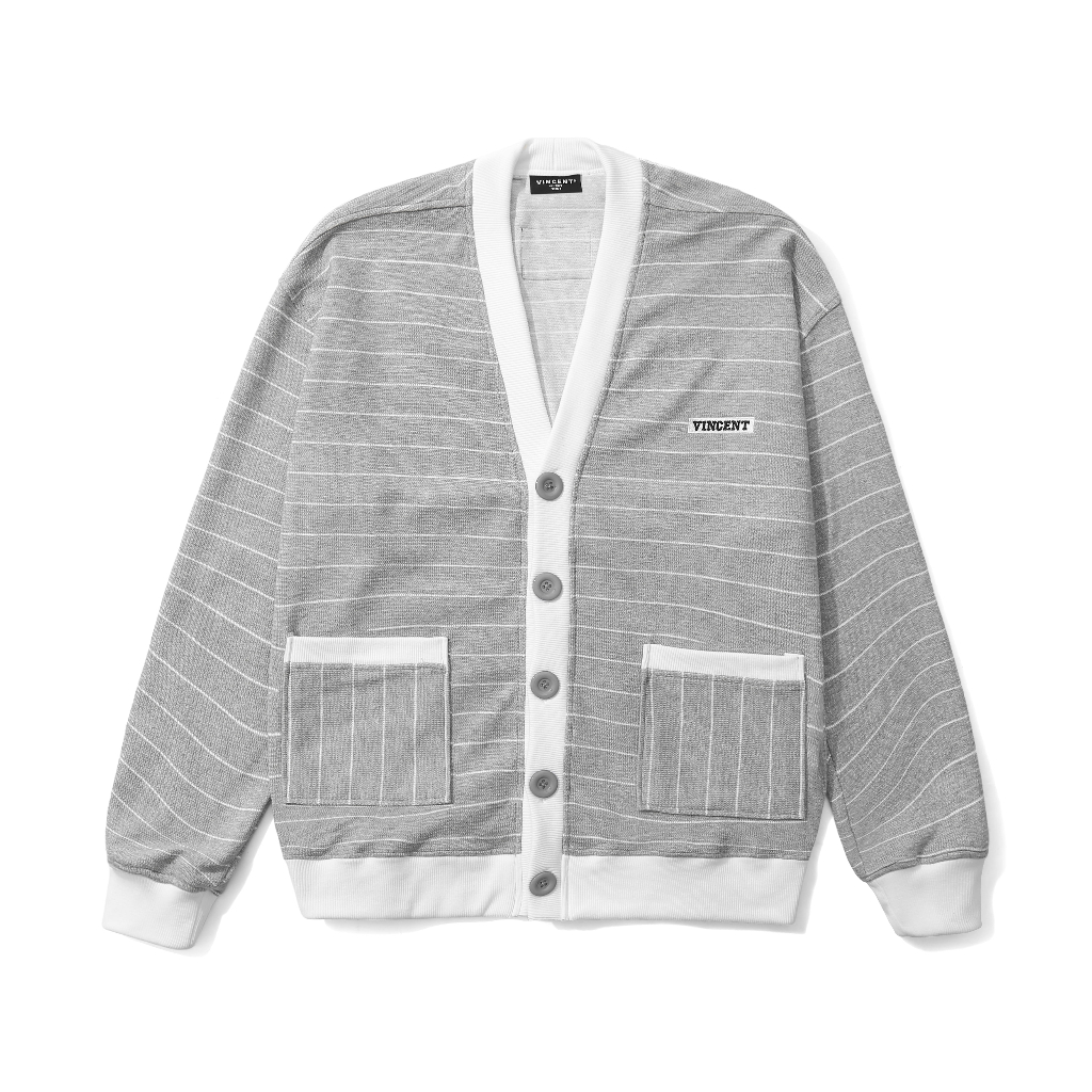 Áo Cardigan Unisex Vincent Chân Cua Cotton Xám Sọc Ngang