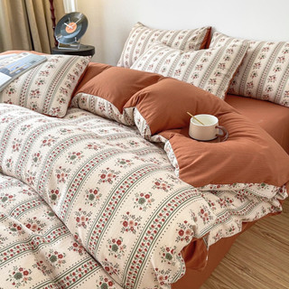 Bộ chăn ga gối cotton đũi sợi hoa dây họa tiết vintage, chăn ga gối cotton đũi phong cách hàn quốc nhập khẩu