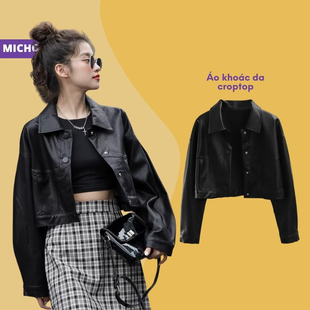 Áo Khoác Da Croptop MICHOO Cúc Bấm Thời Trang Cá Tính