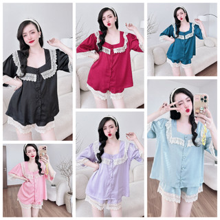 Bộ ngủ tiểu thư tay lỡ bigsize lụa xước mềm mịn mát , bộ đùi bigsize phối ren cực xinh