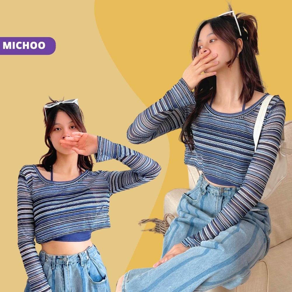 Set Croptop Áo Lưới Dệt Kim Kèm Yếm MICHOO Trẻ Trung Cá Tính