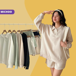 Set Áo Dài Tay Quần Đùi MICHOO Cổ Polo Thun Tổ Ong Form Rộng Nhiều Màu